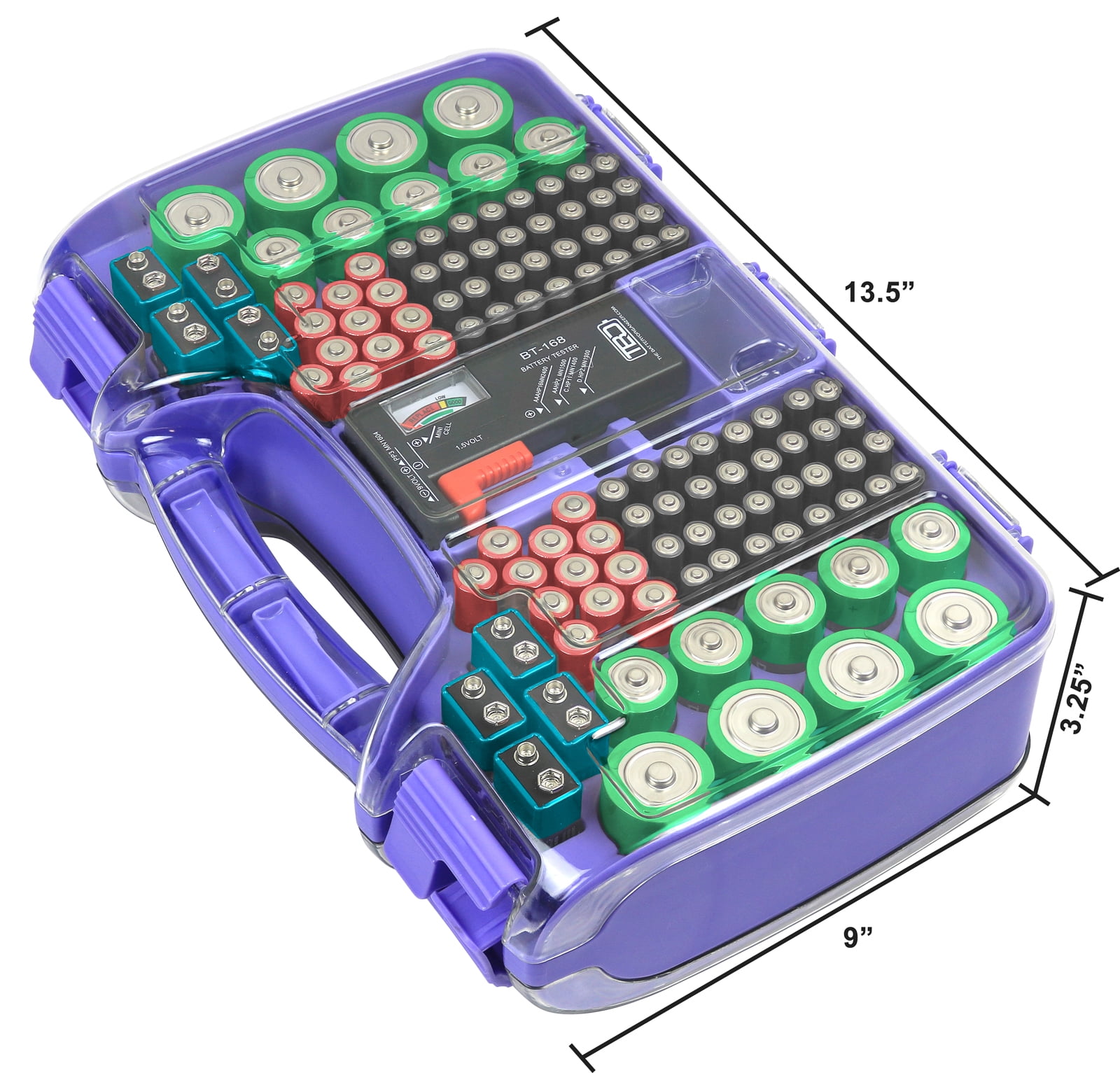 Includes a Removable Battery Tester Holds 180 Batteries Various Sizes Purple/â/€/¦ Pack of 1 TBO2712 The Battery Organizer Storage Case with Hinged Clear Cover