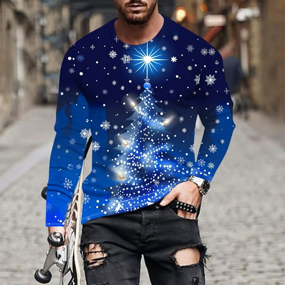 Brondbend Mens Top Christmas Man Shirt Long Sleeves Crewneck Pullover Print Comfy Stylish Blouse Loose Fit Travel Clothes Blue