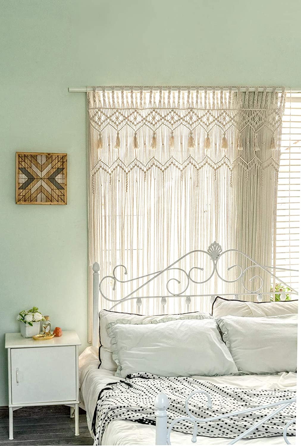 Mkono Macrame Doorway Curtains Boho Cotton String Window Curtain, 70"L x 51"W Wedding Party Backdrop, Off White