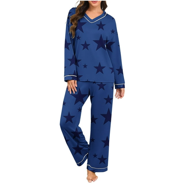 Womens Pajama Set,Casual Fashionable Printing Loose Solid Color V-Neck Long Sleeved Pants,Womens Pajama Set