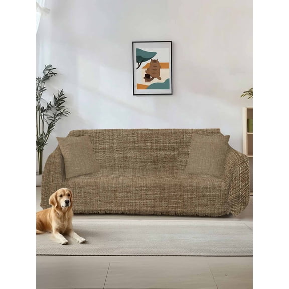 Vintage Brown Couch Cover for 2 Cushion Sofa, Farmhouse Retro Dark Solid Color Linen Texture Washable Loveseat Sofa Covers Slipcover for Sectional Sofas L-Shaped, Couch Throw Cover 71"x118"