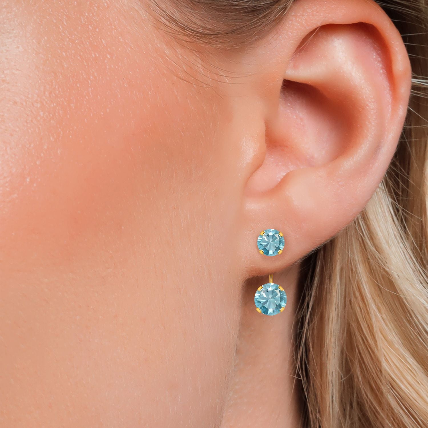 Gem Stone King 14K Yellow Gold Blue Zircon Stud Earrings for Women | 4.10 Cttw | Gemstone Birthstone | Round 6MM