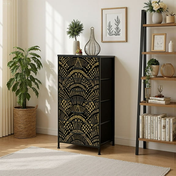 4 Drawer Vertical Storage Dresser Abstract geometrical folk wavy from with Wood Top Fabric Pull Drawers
