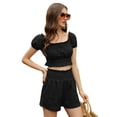 thumbnail image 4 of Women's Two Piece Outfits Elastic High Waisted Shorts Off Shoulder Ruffle Crop Top Casual Short Pant Sets, 4 of 9