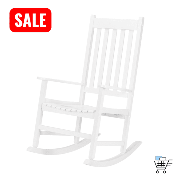 Tcbosik Outdoor Rocking Chair, Wooden Rocker Chair with High Back for Garden, Lawn, Patio, Porch, White
