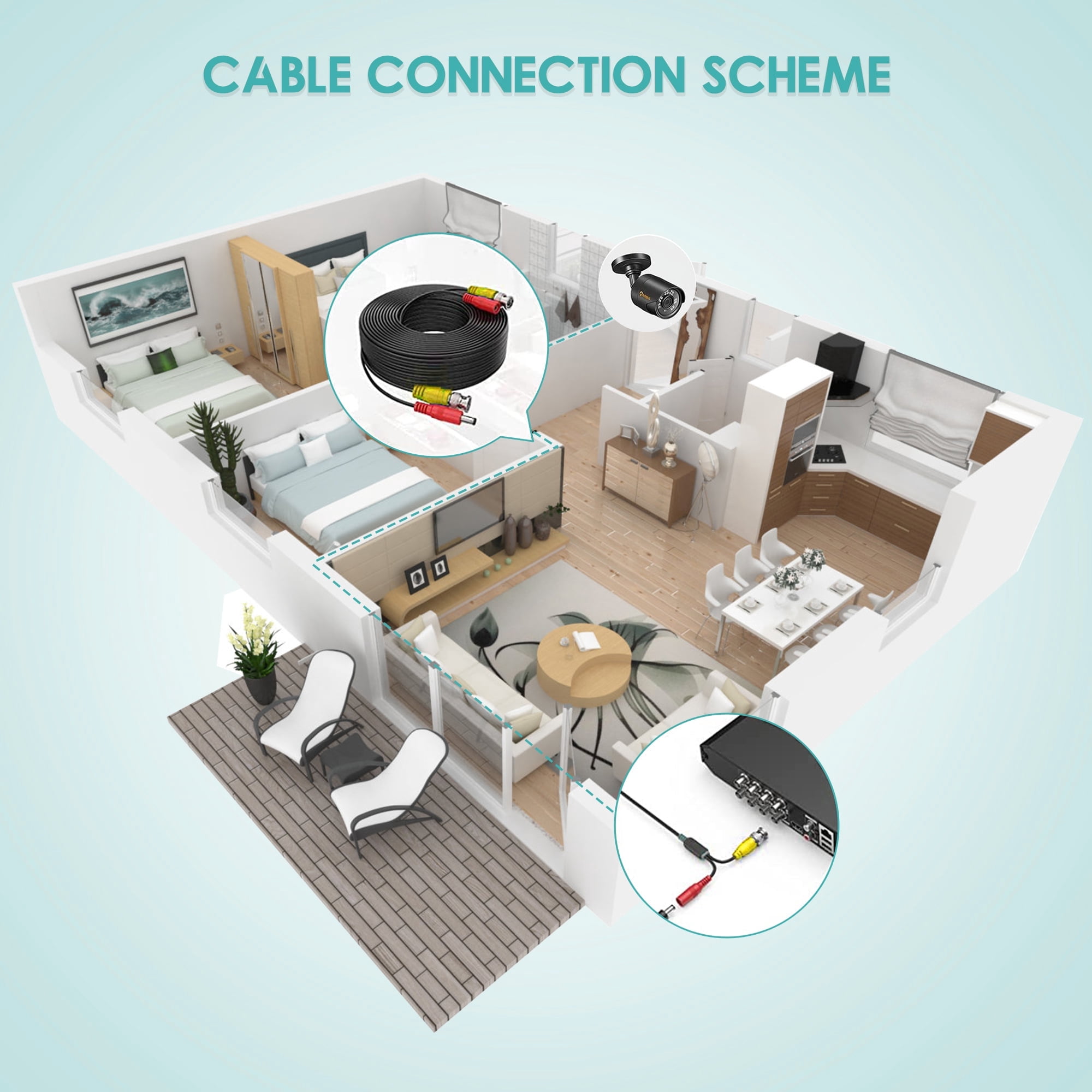 Yolmary 100ft Black BNC Video and Power Cable Wire Cord w/ Connector Compatible with CCTV Security Camera