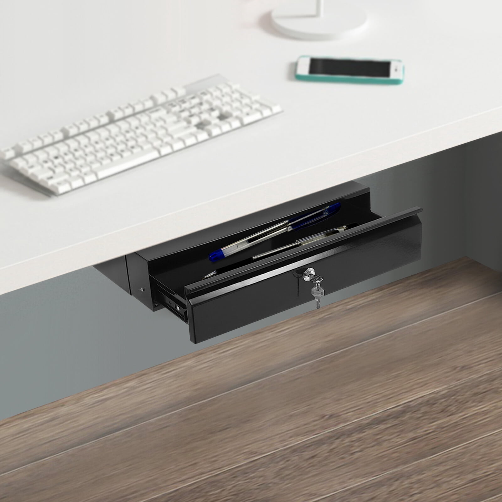 17.7*12.2*3.9 Modern Rectangular Black Under Desk Mounted Sliding Pull-out Drawer for Standing Desks