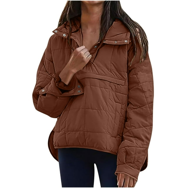 WRKEKC Women's Quilted Lightweight Solid Color Winter Warm Pullover Long Sleeve Stand Collar Snap Button Jacket with Pockets for Fall and Winter