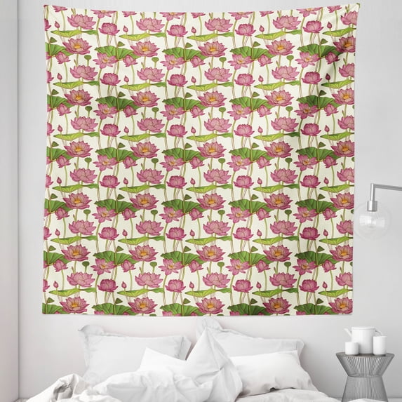 Lotus Tapestry, Graphic Ornament Pattern with Pink Lotus Blossoms and Buds, Fabric Wall Hanging Decor for Bedroom Living Room Dorm, 5 Sizes, Pink Ivory and Green, by Ambesonne