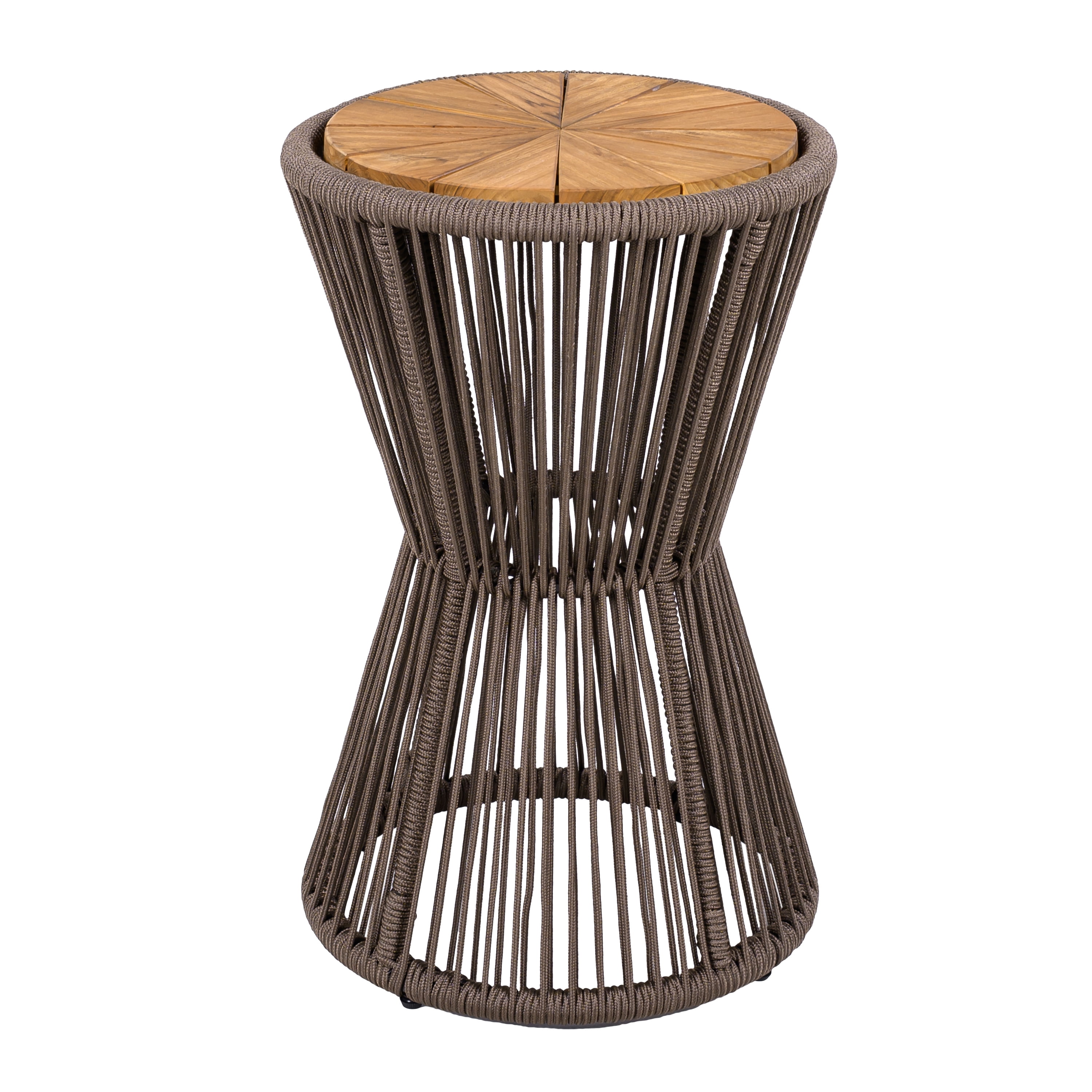 Side Table, Outdoor Dark Grey Rope and Acacia Wood Hourglass Design Table for Patio Deck, Teak