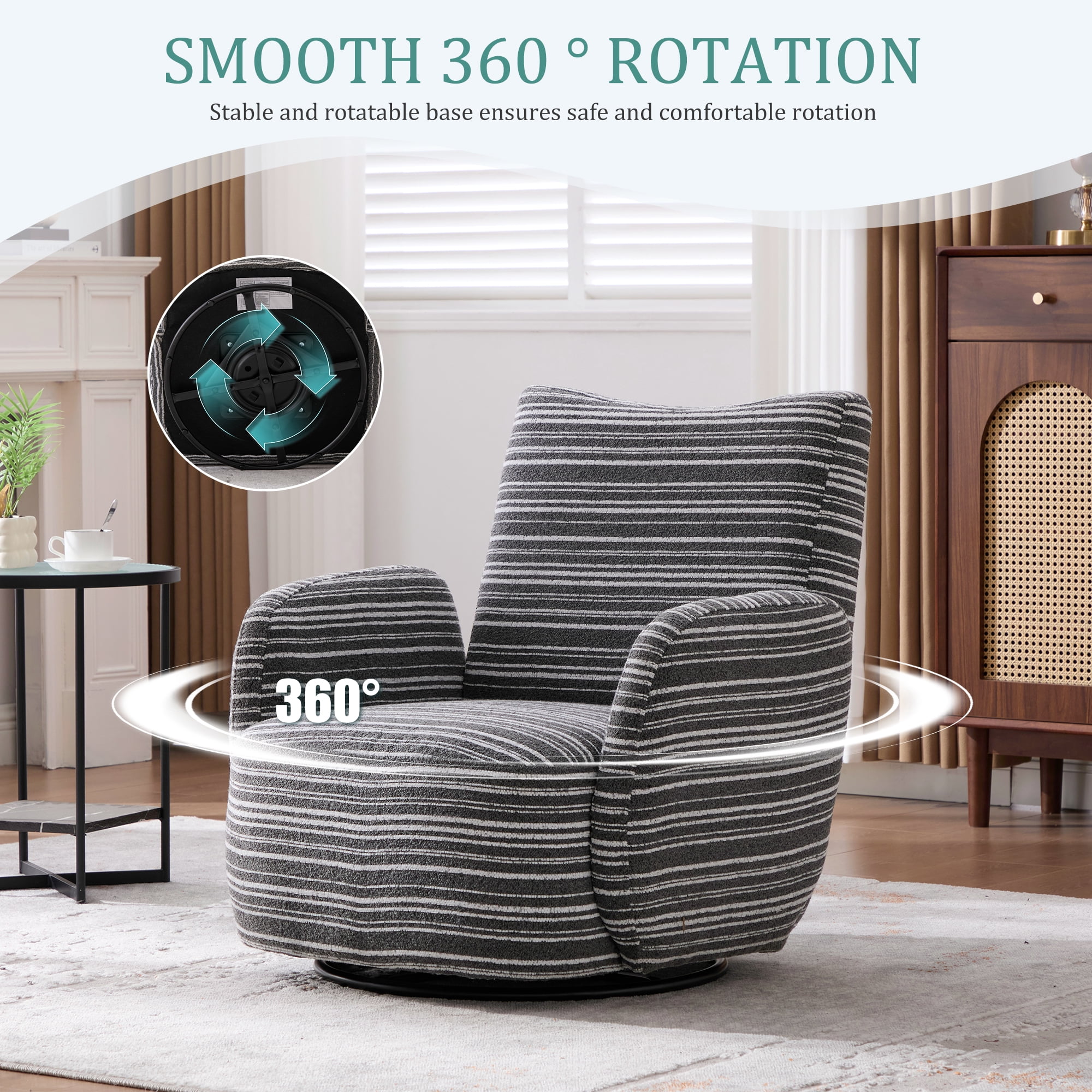 MOONMISS Boucle Upholstered 360°Swivel Fabric Striped Armrest Leisure Chair for Living room-Dark Gray