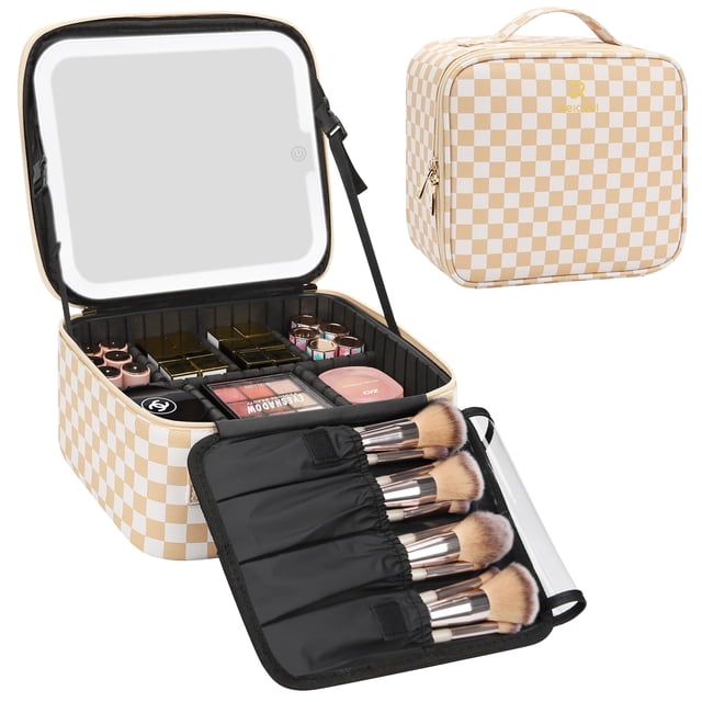 Bolsa de maquillaje Relavel Travel con espejo LED y soporte para brochas de maquillaje