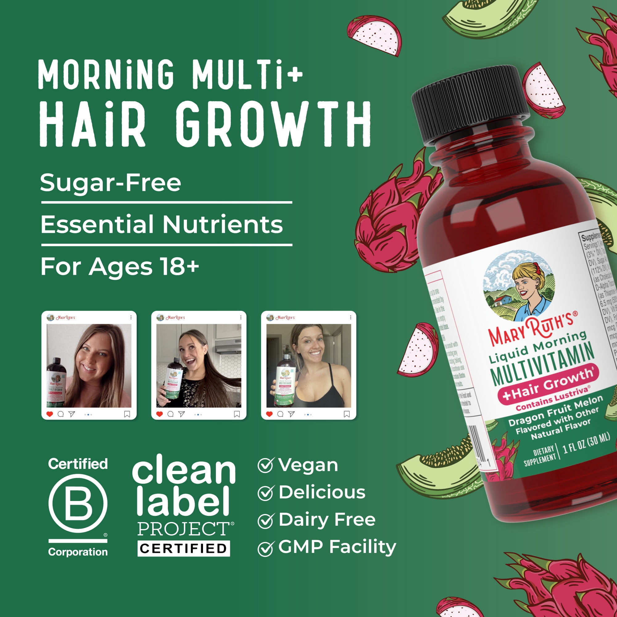 MaryRuth's Liquid Morning Multivitamin + Hair Growth Travel Pack with Lustriva for Thicker Hair, Reduced Wrinkles, Adults Ages 18+, 8-pack, 1 fl oz