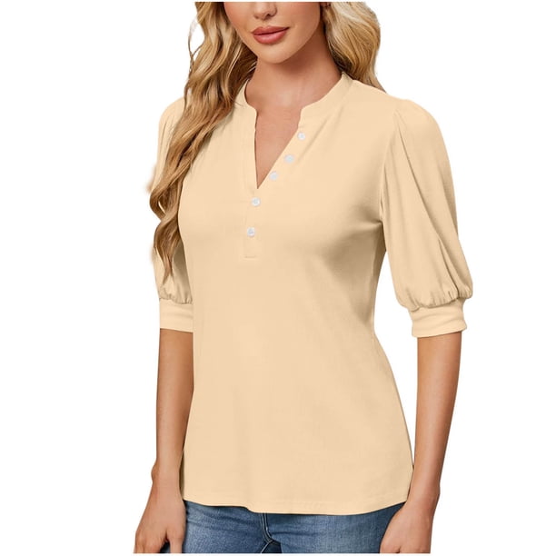 Puntoco Blusas cortas de liquidación para mujer, blusa informal de manga corta lisa con cuello redondo y botones para mujer