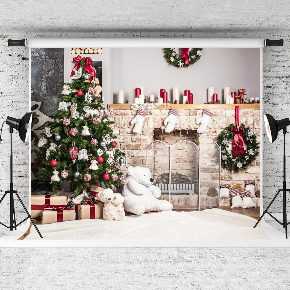 Kate 20x10ft Christmas Fireplace Photography Backdrops Candles and Christmas Stars Balls Decoration Photo Backdrop Props Brick Wall Interior Photographic Shooting