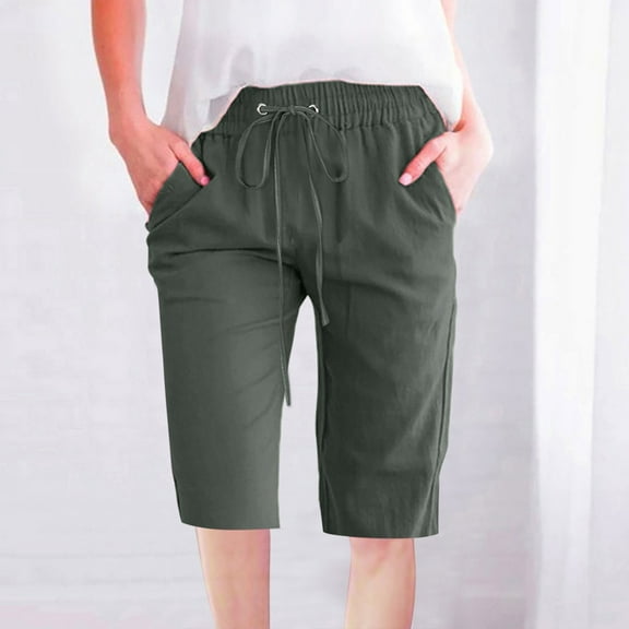 USSUMA High Waisted Shorts Women Solid Color Bermuda Summer Fashion Elastic Waist Lounge with Pocket Active Shorts Straight Pants Half Shorts Linen Wide Legs Shorts Army Green Xxxl