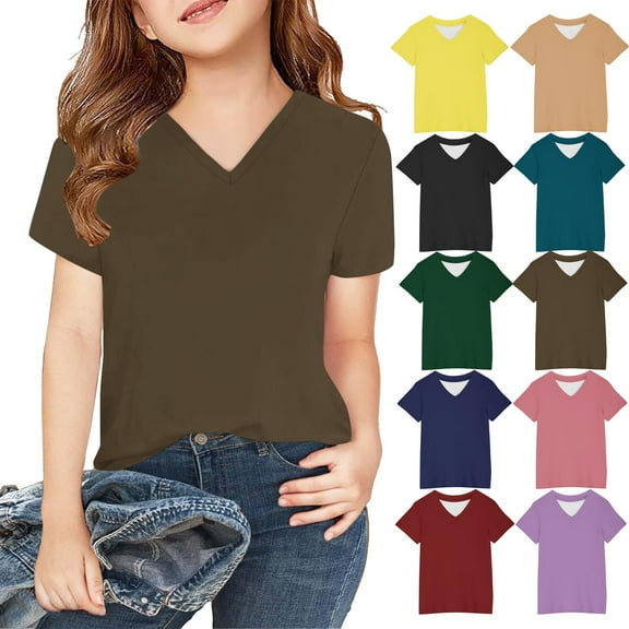 Dgankt Shirts for Teens Girls Shirts V Neck Short/Long Sleeve Cotton Tops T-Shirt Basic Tees for 7-11Years