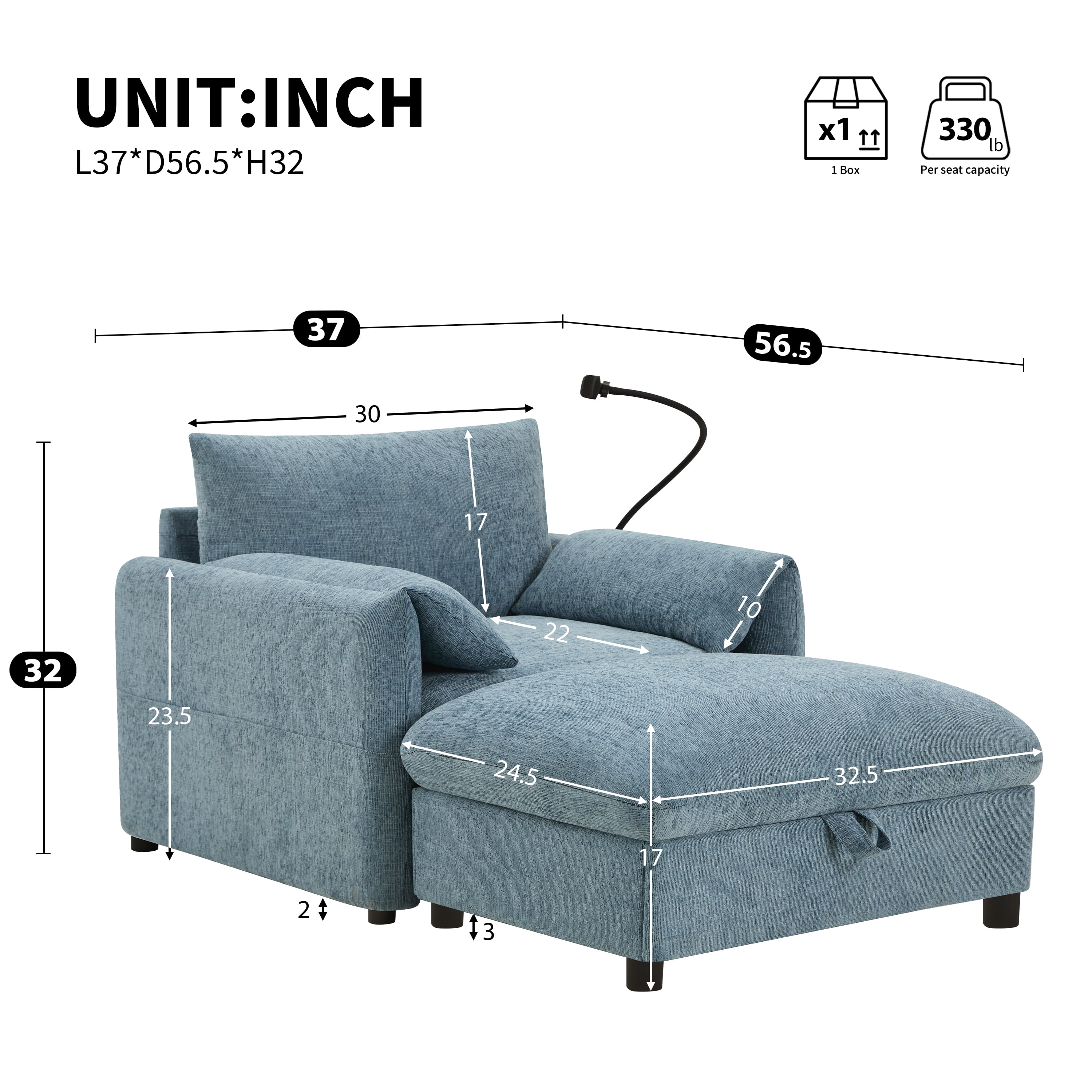 Accent Chair, Single Sofa, Chaise Lounge with Oversized Storage Ottoman and Adjustable Phone Holder, Chenille Armchair with Pillow Armrests and Side Pockets, for Living Room, Blue