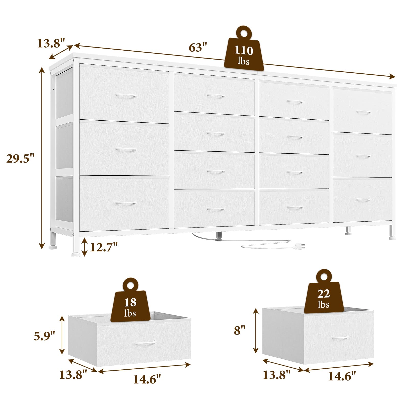 Dresser TV Stand with Charging Station for 65 70 75 Inch TV Stand for Bedroom with 14 Drawers Long Dresser for Bedroom Entertainment Center with Storage Fabric Dresser for Living Room