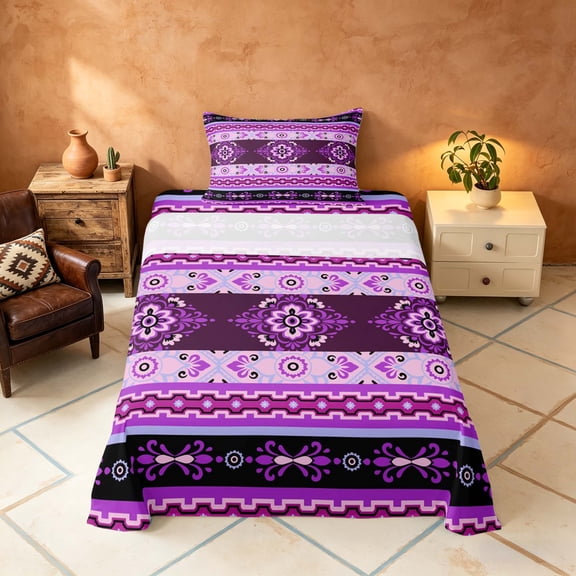 Manfei Damask Floral Twin Sheets, Baroque Flower Bedding, Purple and Pink, Black Reversible 3-Piece1 Flat Sheet 1 Fitted Sheet 1 Pillowcase