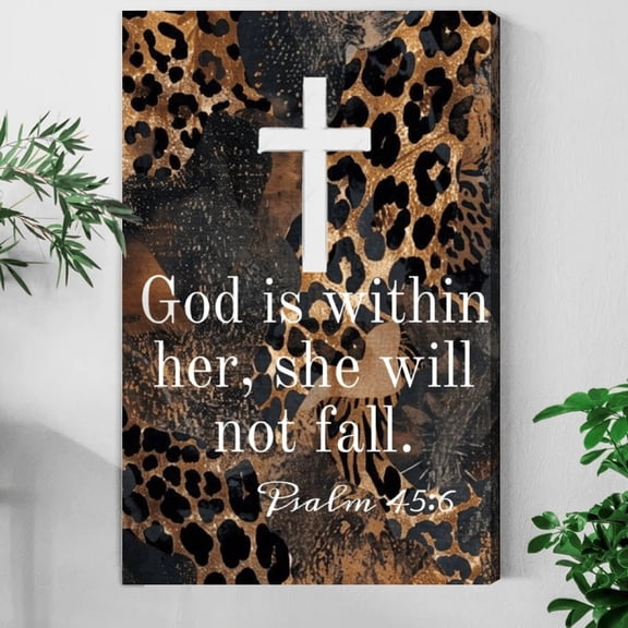 God Is Within Her She Will Not Fall Canvas Wall Art, Leopard Print Christian Cross Psalm Bible Verse Poster, Faith Women Inspirational Decor