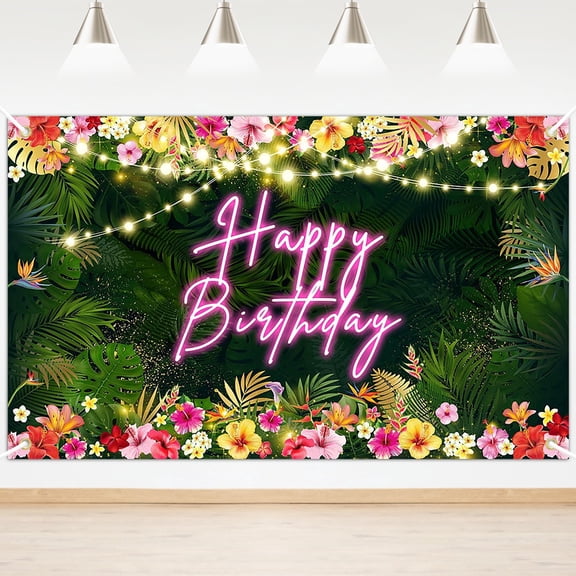 Mocsicka Hawaiian Birthday Backdrop 6x3.6 ft Luau Birthday Banner Green Palm Leaves Tropical Summer Birthday Party Decorations Photo Background