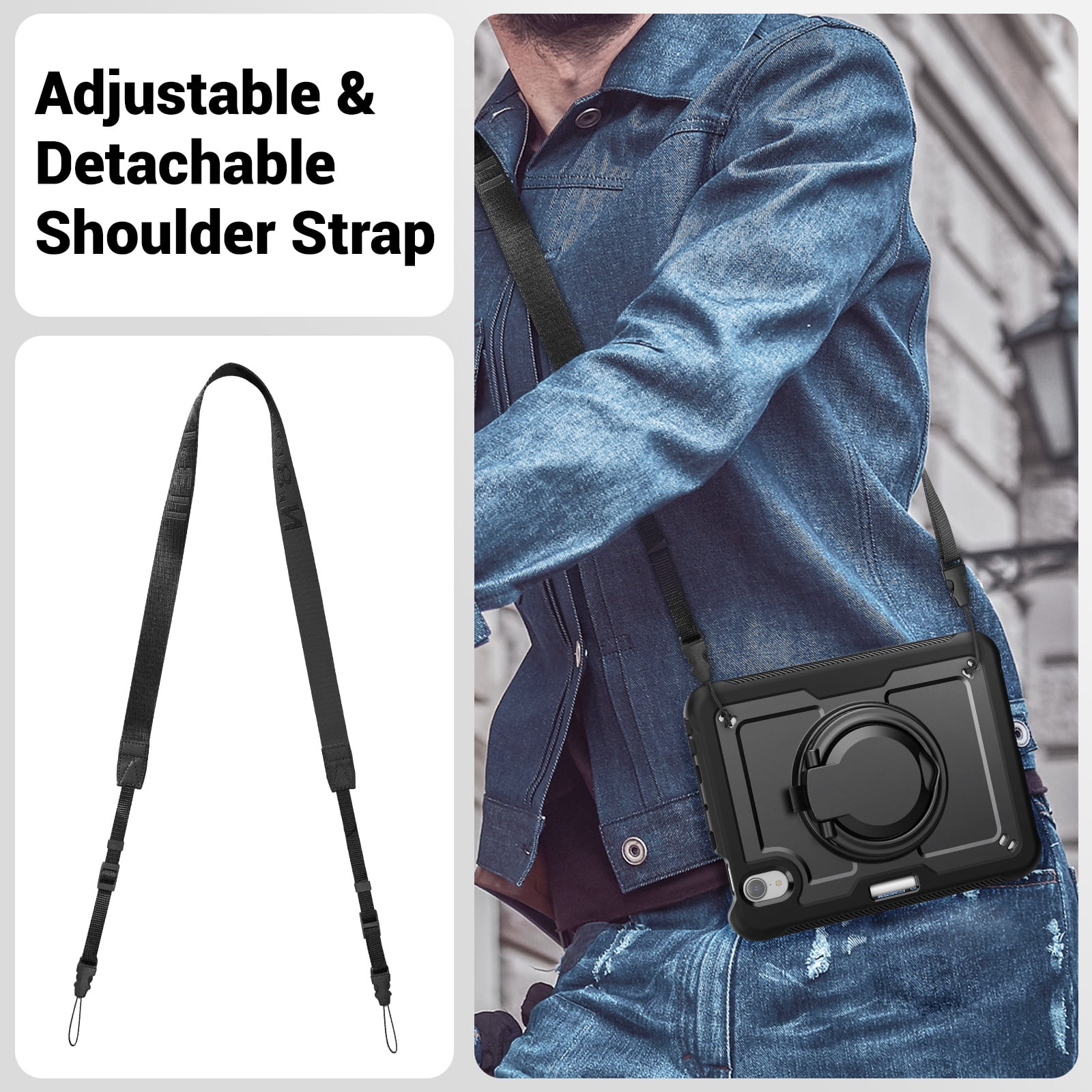 Shockproof Case for Apple iPad Mini 6th 7th Generation 8.3 Inch, Rugged Hybrid Protective Cover with Pencil Holder & Shoulder Strap Kids Friendly Rotating Kickstand Case for iPad Mini 6 7,Black