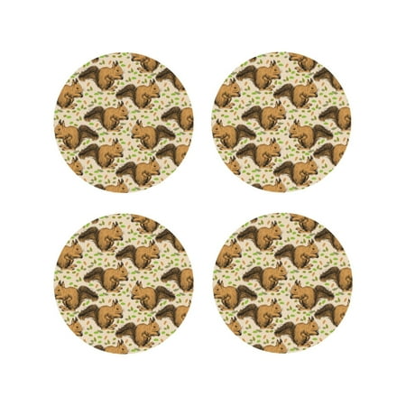 

KLL Drink Coasters Set Round Shape of 4 PU Leather Absorbent Coasters Set Decorative Coffee Cup Coasters Housewarming Gift for Home Decor-Cute Squirrel with Green Leaves