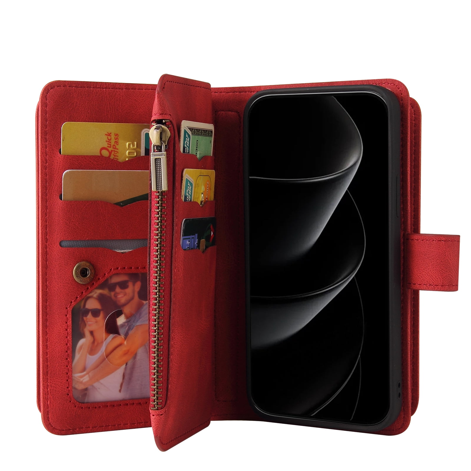 Phone Case for iPhone 17 Pro Max, Wallet Case Luxury Folio Flip Leather Cover [Zipper Pocket] [Wrist Strap] [Kickstand] for iPhone 17 Pro Max, Red
