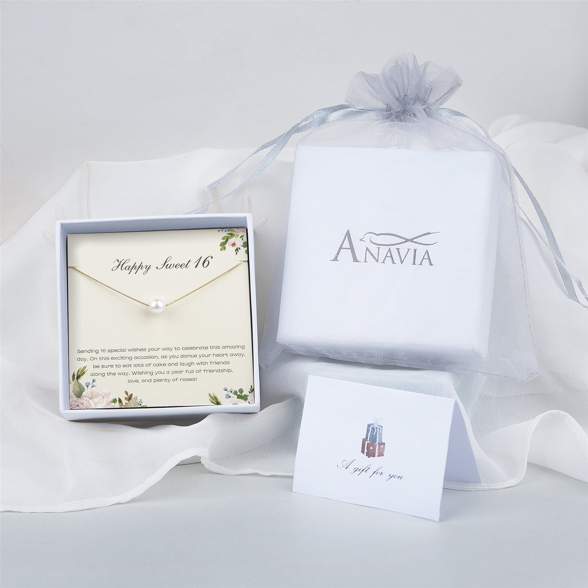 Anavia Happy Sweet 16 Gift for Daughter, 16th Birthday Gift for Niece, Birthday Gift for 16 Year Old Girl-[White Pearl + Gold Chain]