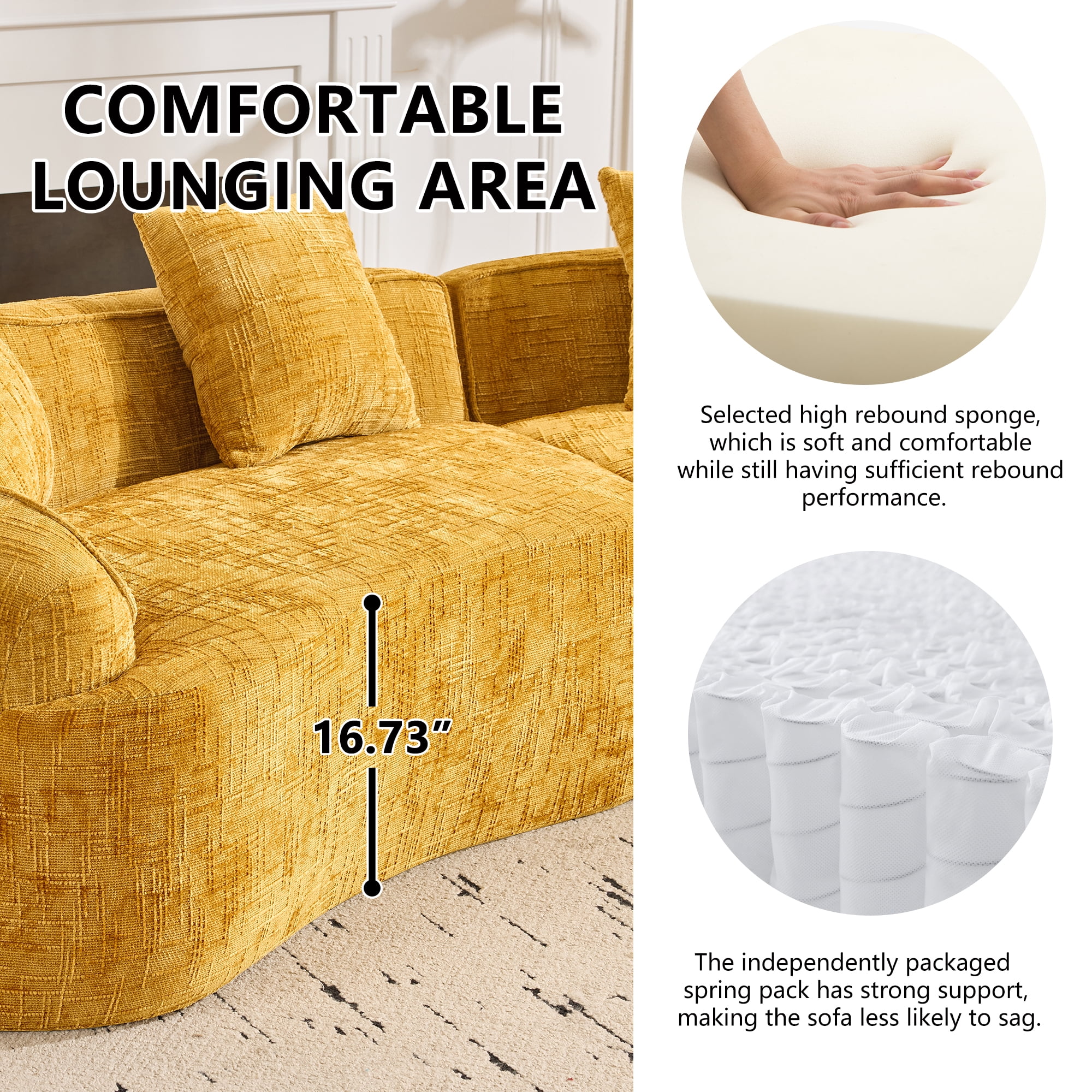 Curved Sofa, Yellow Compressed Chenille Sectional with Soft Fabric and Foam Spring Support, Modern 109-Inch Multi-Seater for Apartment Living Room