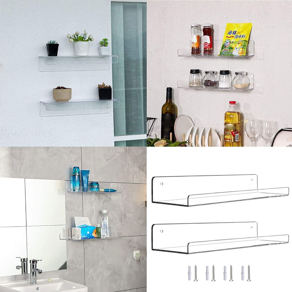 Necvior 2pc Acrylic Floating Shelves Adhesive Invisible Wall Shelf No Drilling Organizer