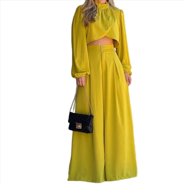 Traje de Dos Piezas Elegante para Mujer, con Blusa Irregular de Larga y Cintura Alta, Pantalones Anchos y Estilo Informal. Amarillo XL