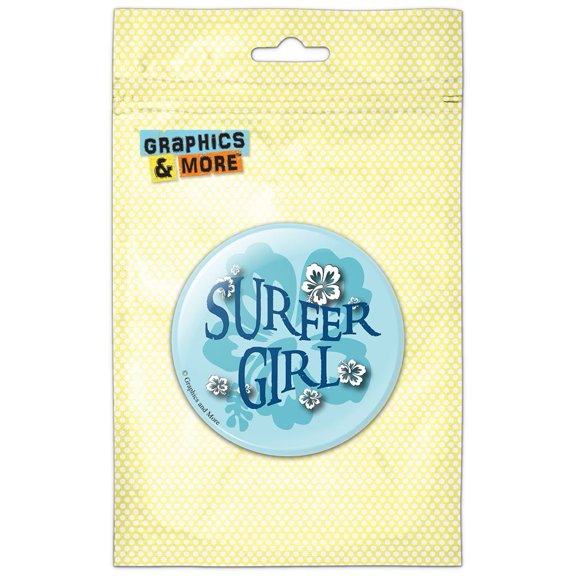 Surfer Girl Beach Hibiscus Flowers Pinback Button Pin Badge