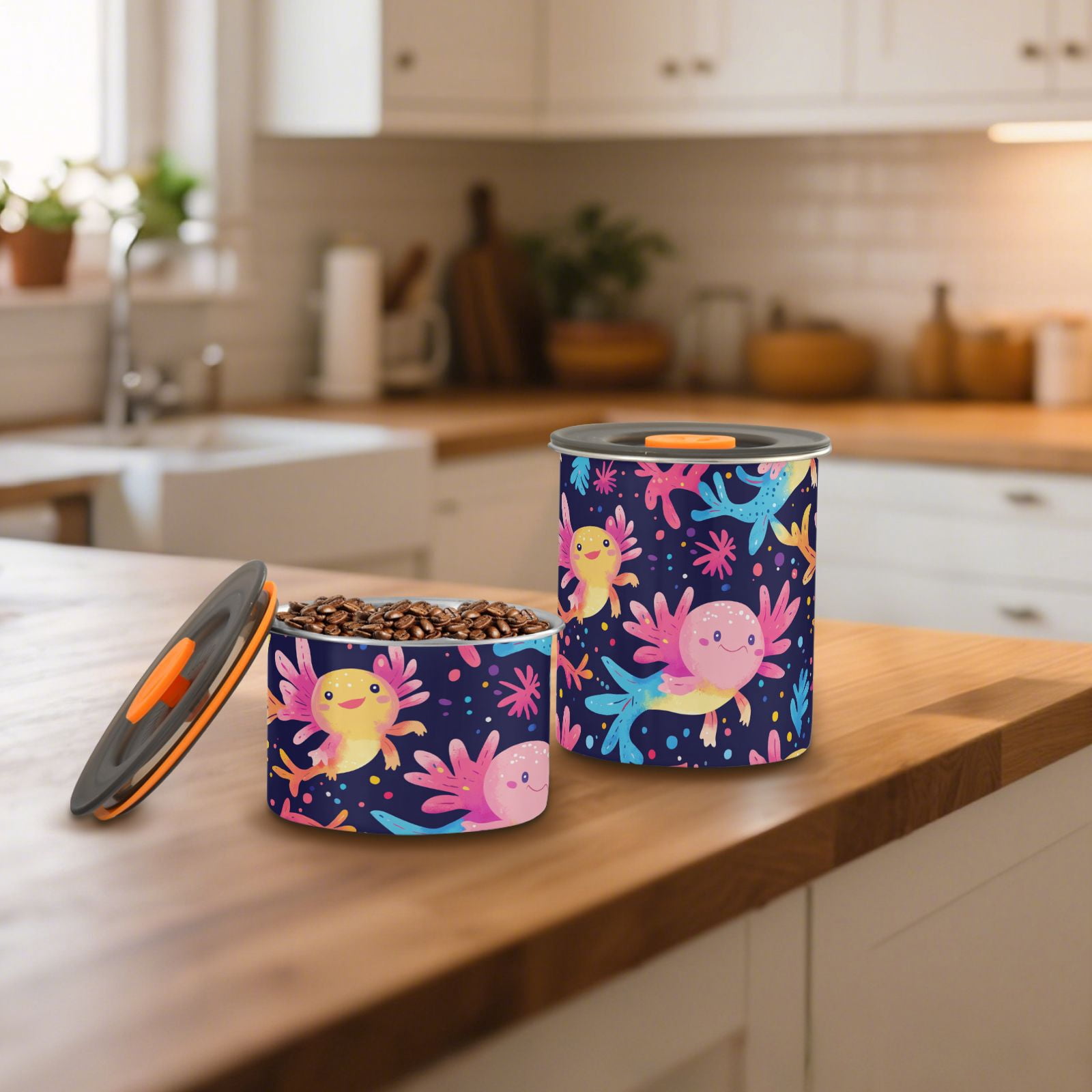Cute Rainbow Axolotl Airtight Coffee Bean Canister 30oz Food Storage Containers with Lids For Gournd, Tea, Sugar, Flour, Rice, Cereal, Candy Cookie Jar