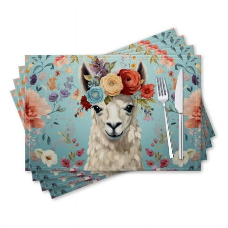 

BaHomeck placemats Set of 4 rectangle Linen Cotton Placemats for Dining Table Washable Heat Resistant 18*12inch Llama Wearing Colorful Flower Crown