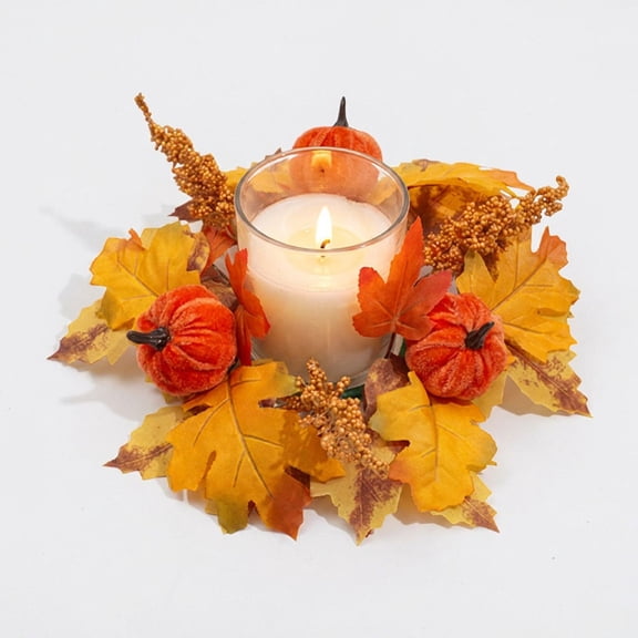 Clearance Under $1.1! 1 Pack Fall Artificial Candle Ring Wreath, Autumn Maple Pumpkin Centerpiece, for Pillar Candle Table Decor