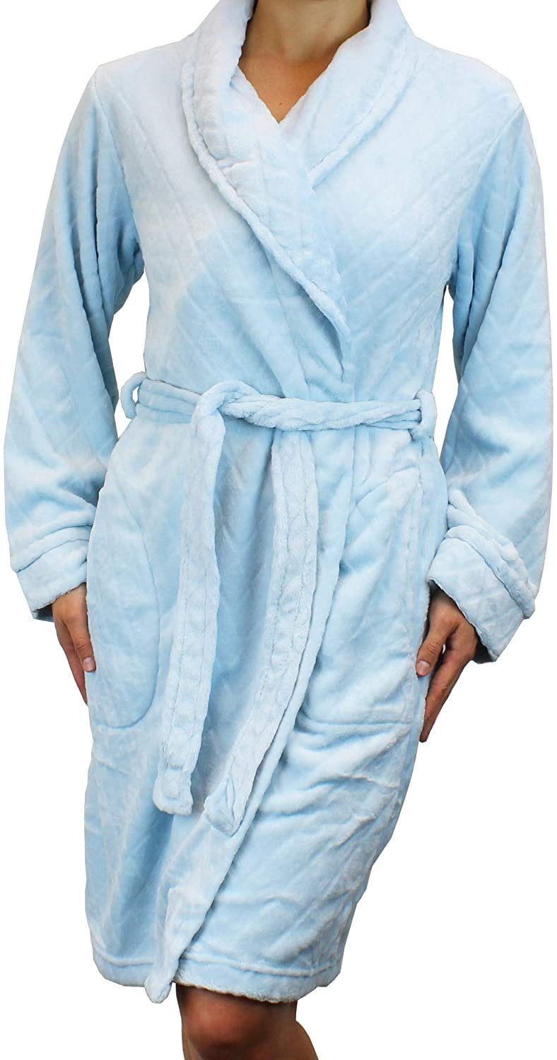 Women's Quilted Pattern Warm Fleece Robe Plush Soft Short Bathrobe Style Baby Blue Large
