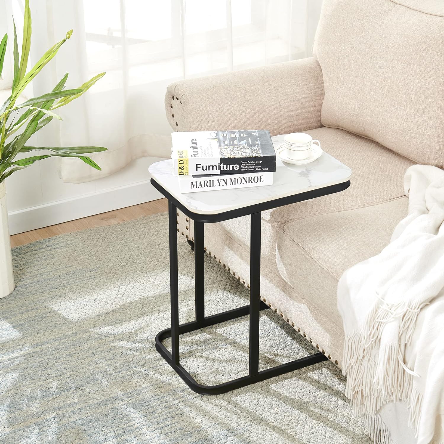 Nathaniel Home C-Shaped Sofa Side End Table, Legant Modern Sofa Side Table, Square Under Sofa Tables, with Painted Metal Frame, Black/White