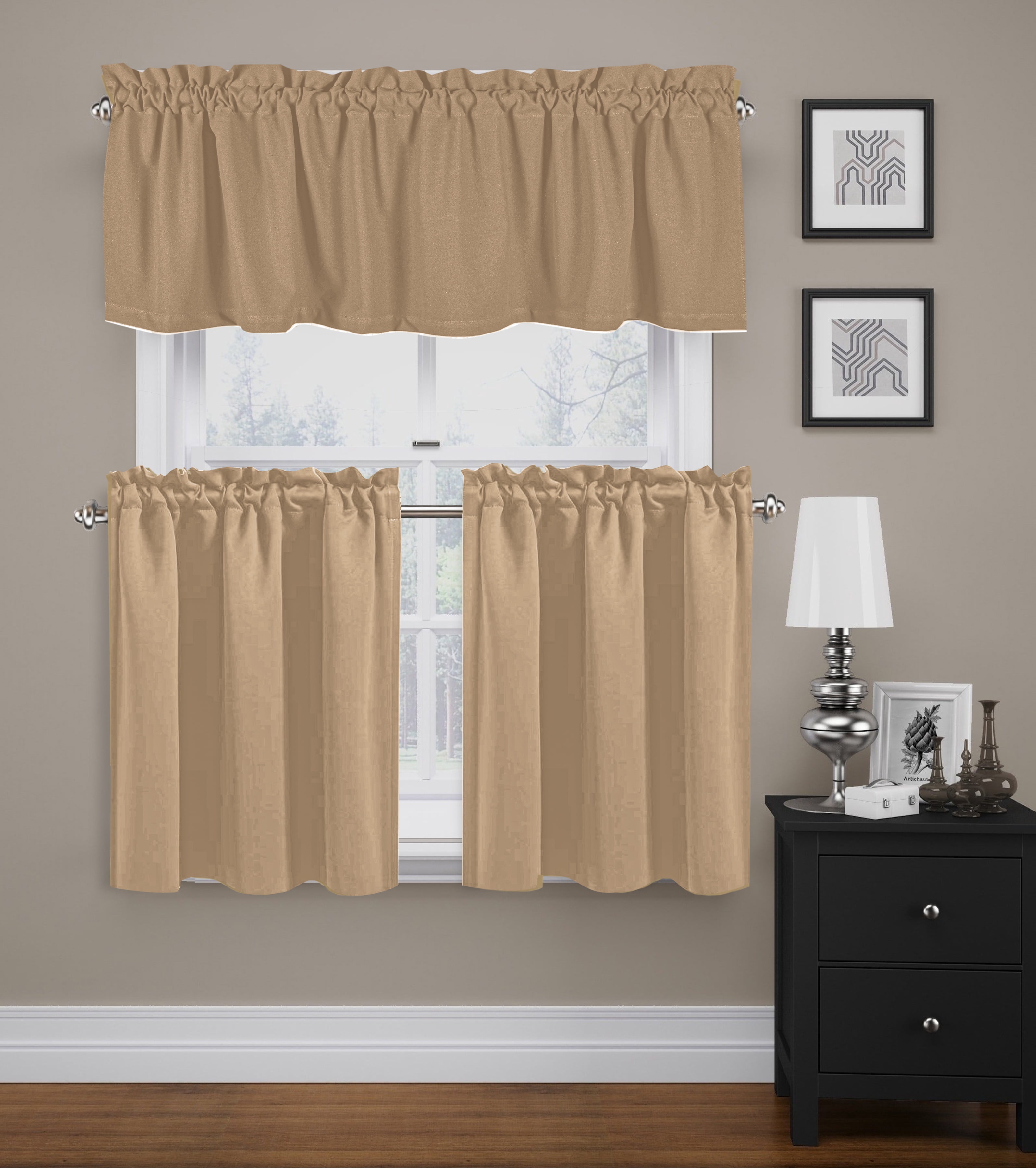 Native Fab Kitchen Window Curtain Tiers Valance Set 100% Cotton - Rod Pocket Style 3 Piece - Beige
