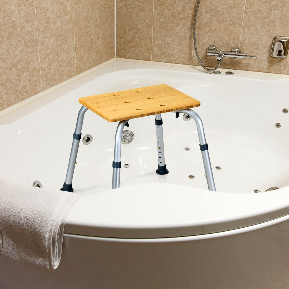 Costway Bamboo Bath Seat Shower Chair Square Shaped Stool Slip