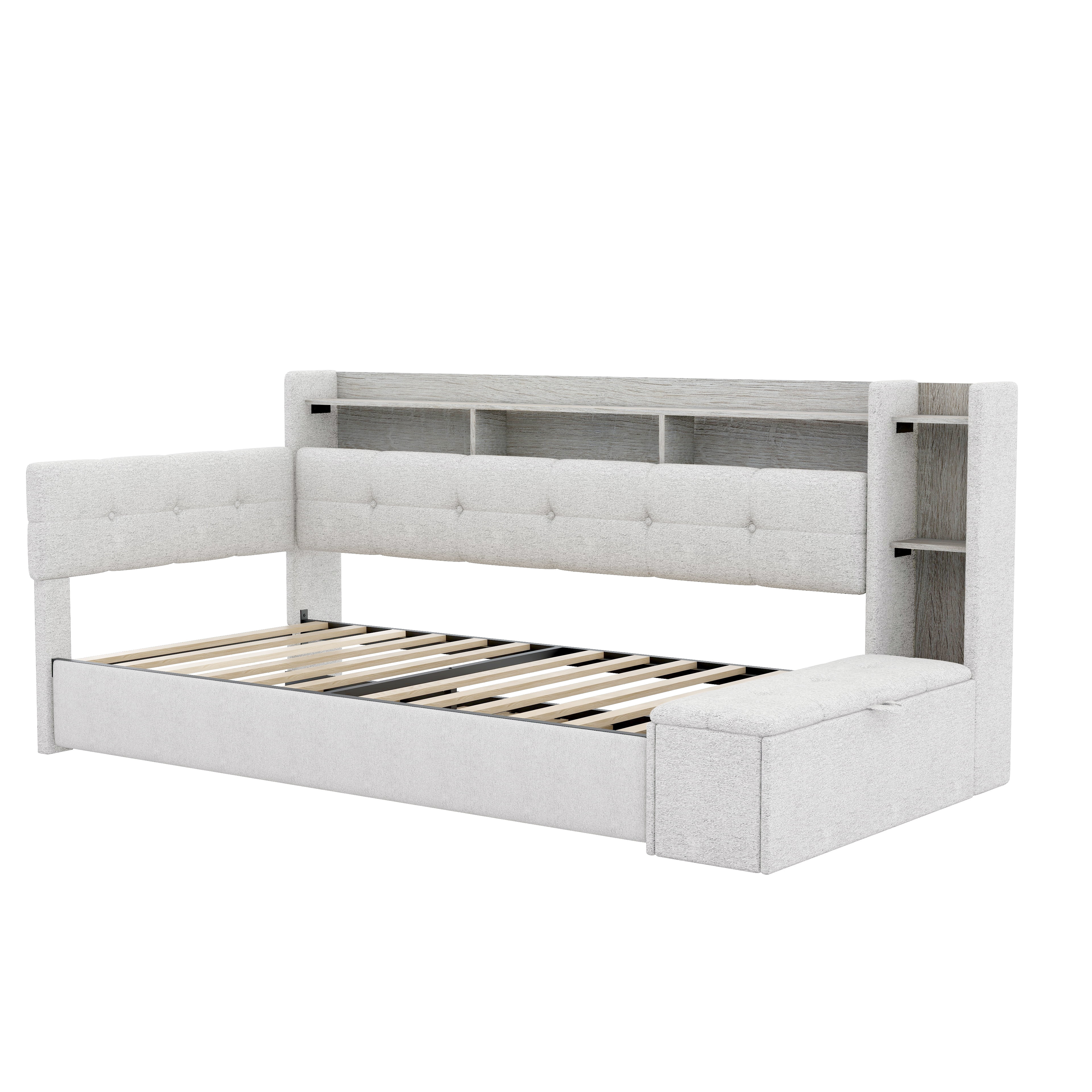 Euroco Upholstery Twin Size Daybed with Trundle, Storage Sofa Bed with Footstool and Shelves, LED Light and USB Charging, Beige