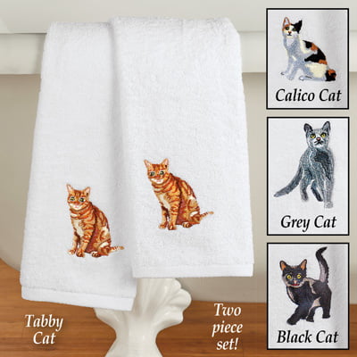 CAT CHRISTMAS VINTAGE EMBROIDERED SET 2 BATHROOM HAND TOWEL by laura 