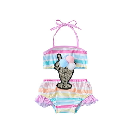 

Bebiullo Lovely Baby Girl Colorful Stripes Swimwear Halterneck Sequins Onepiece Ruffles Swimsuit for Beach/Swimming/Travel Pink 6-9 Months