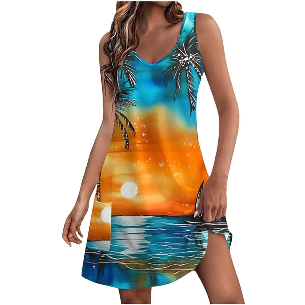 Vestido de Playa de Mujer para las Imágenes de la Moda de Verano de Bolsillo de Impresión sin Mangas Vestido de Cuello en V, Poliéster