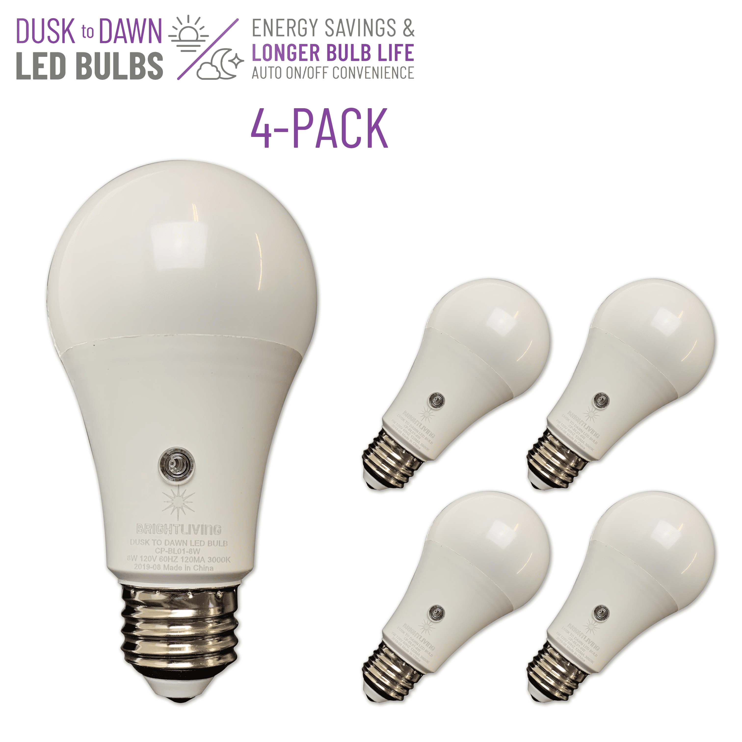 BRIGHTLIVING 8 Watt Dusk to Dawn LED Light Bulbs, Daylight, 4Pack