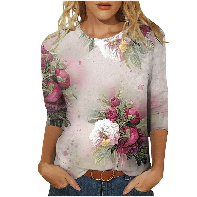 Pompotops T-shirt Mode Imprimé Ample Manches 3/4 Blouse Col Rond Tops Décontractés Liquidation