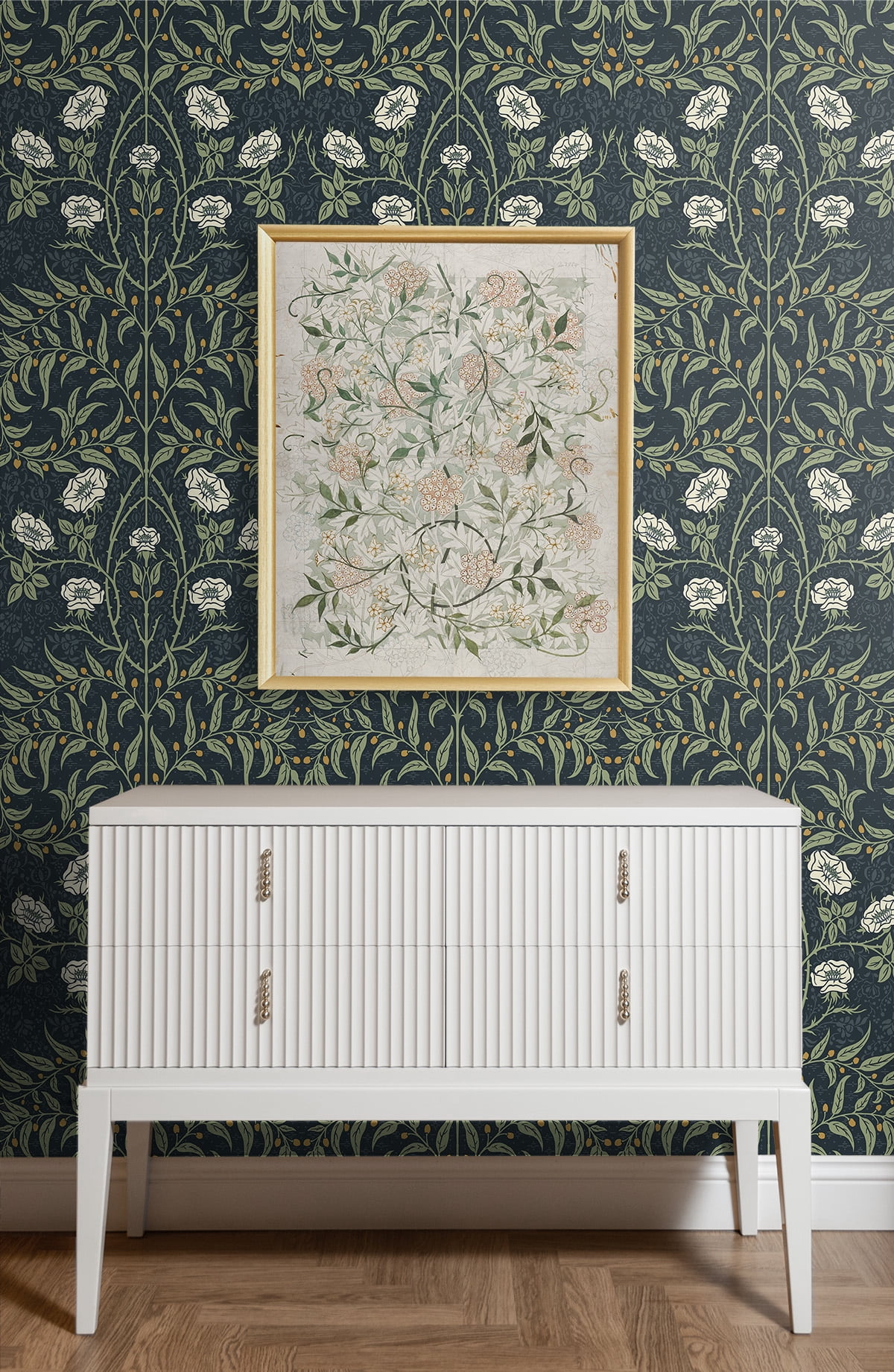 Seabrook Designs Navy & Sage Stenciled Floral Prepasted Wallpaper