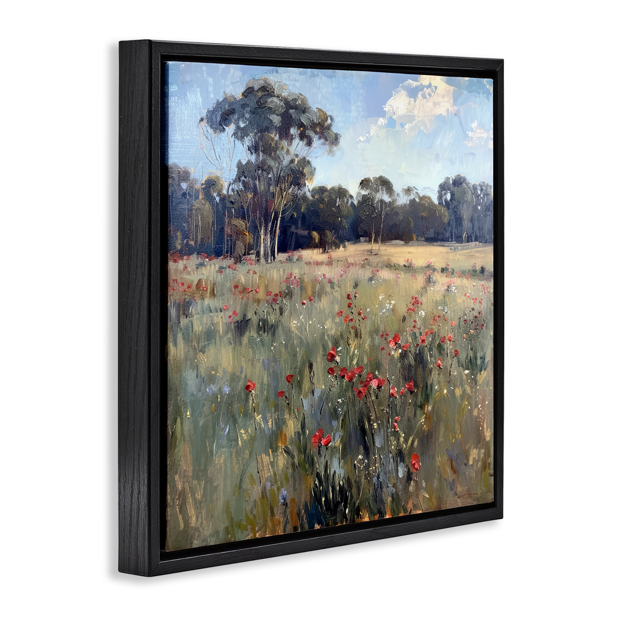 Stupell Industries Poppies in Vast Field Landscape & Nature Painting Black Floater Framed Canvas Art Print Wall Art, 18 x 18