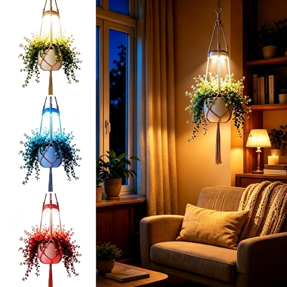 Plant Grow Lights with Hanging Flower Pot Woven Bracket Set, Full-Spectrum LED Grow Lights for Indoor Plants Home Decor